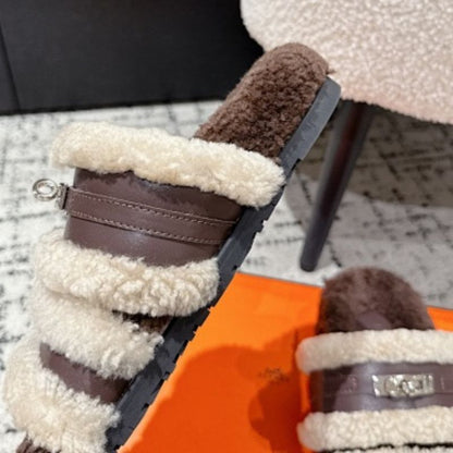 Hermès  multi-tonal design with dark brown fur slippers