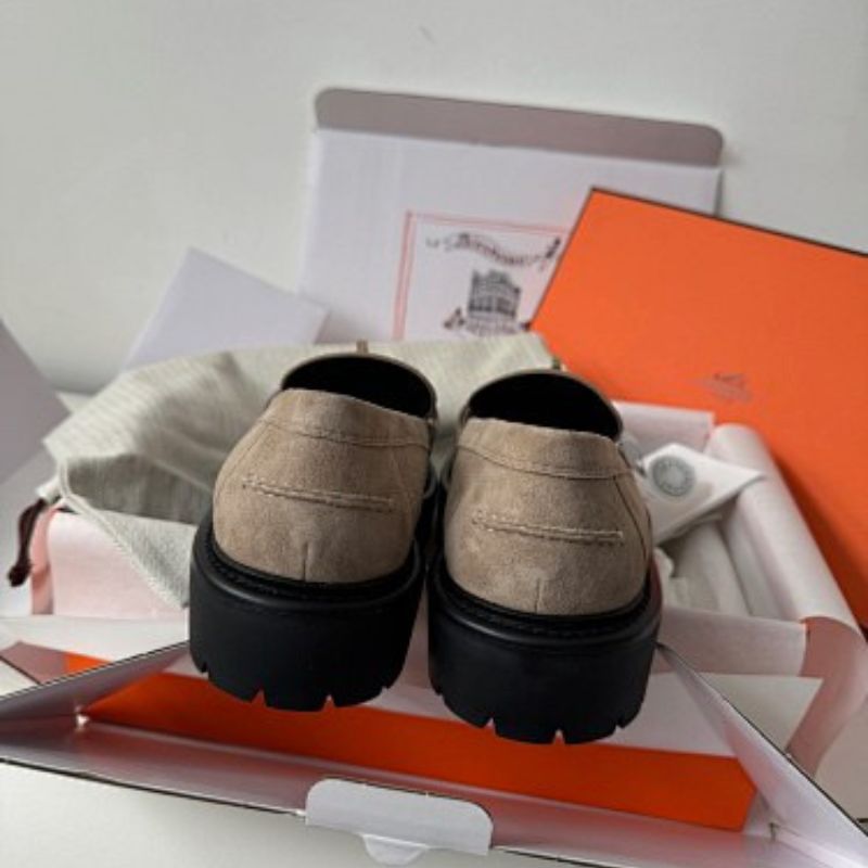 Hermès Dauphine Loafers in etoupe/taupe suede goatskin leather.