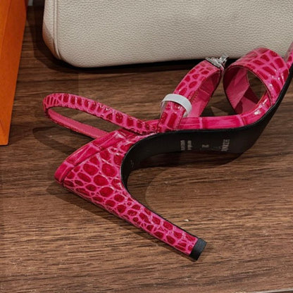 Hermès Lipstick 85 Sandals in a vibrant magenta pink alligator-embossed leather.