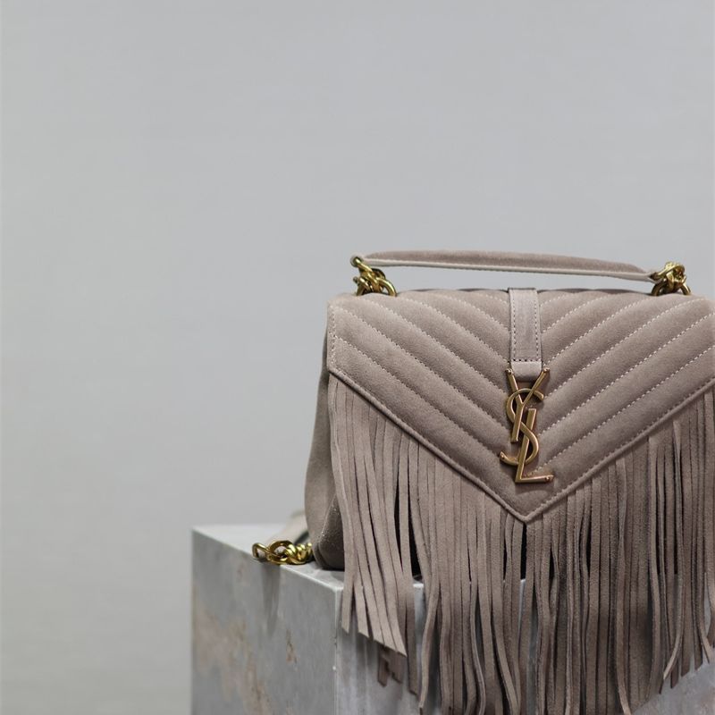 Saint Laurent College Medium Chain Bag in beige suede.