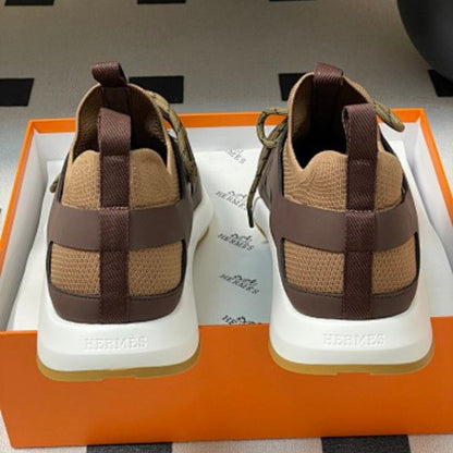 Hermès Katana Sneakers in brown calfskin and knit mesh