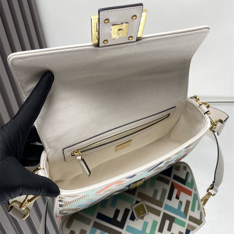 Fendi Baguette natural-colored canvas with a raised, embroidered FF motif bag
