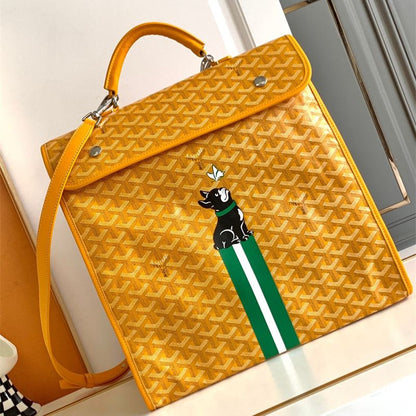 Goyard Saint Léger  hand-painted "Hulot the dog" motif and green stripes backpack in yellow