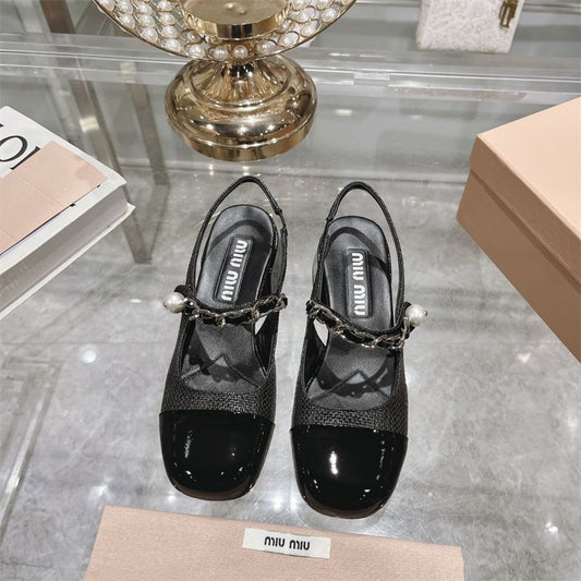 Miu Miu Velvet and Patent Leather Pearl Detail Chain Slingback flats.