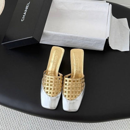 Chanel Metallic Woven Toe-Cap Mules.