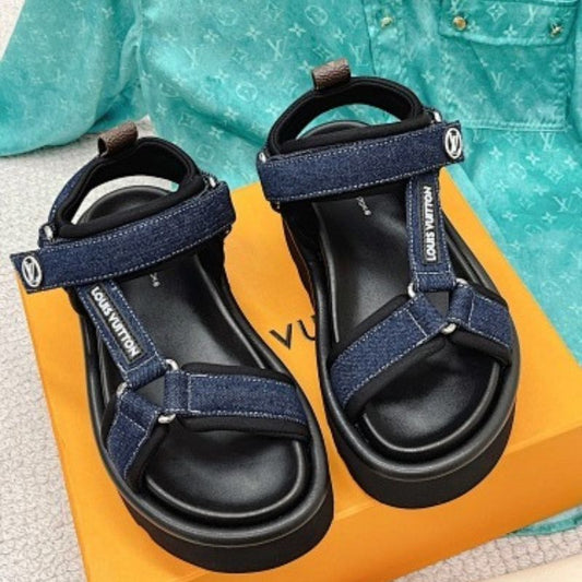 Louis Vuitton Pool Pillow Flat Comfort Sandals in the dark blue Monogram denim