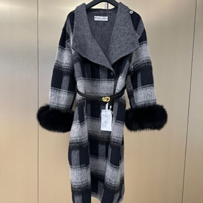 Christian Dior coat with black fur cuffs.
