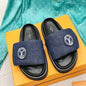 Louis Vuitton Pool Pillow Flat Comfort Mules in blue Monogram denim.