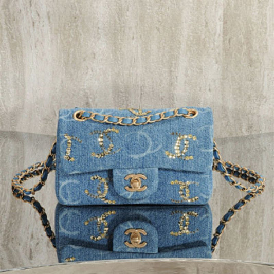 Chanel Blue Denim Sequin CC Printed Classic Double Flap Bag
