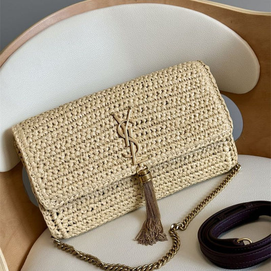 Saint Laurent Kate 99 Tassel Flap Bag in woven raffia