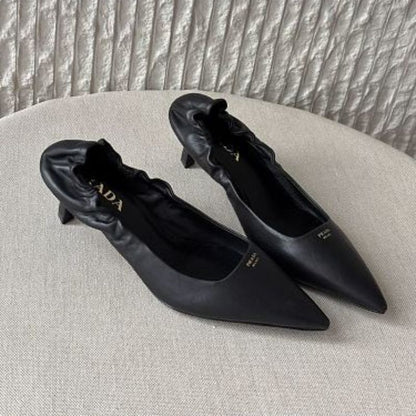 Prada Ruched Logo Elasticized Leather Kitten-Heel Pumps.
