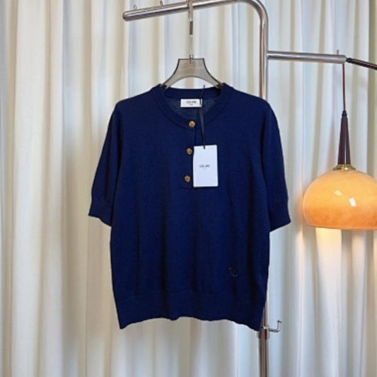 Celine Navy Gold-Button Knit Polo Top.