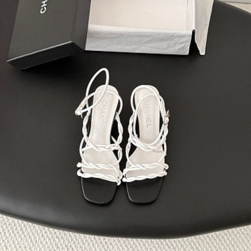 Chanel White Braided Leather CC Strappy Sandals,