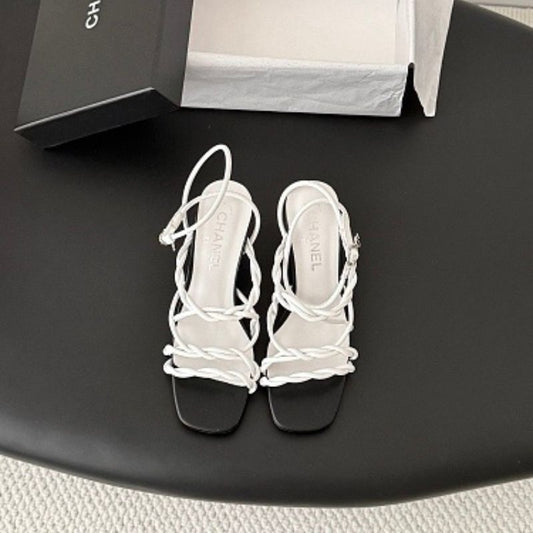Chanel White Braided Leather CC Strappy Sandals,