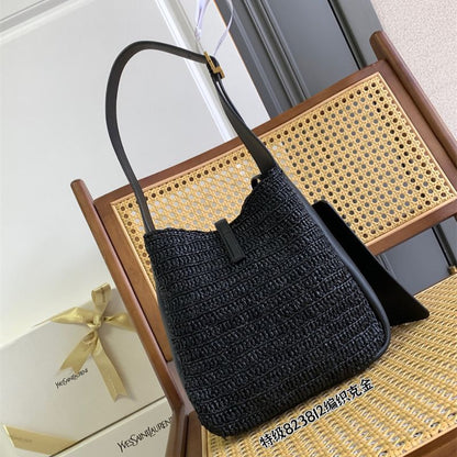 Saint Laurent Le 5 à 7 supple small shoulder bag in raffia