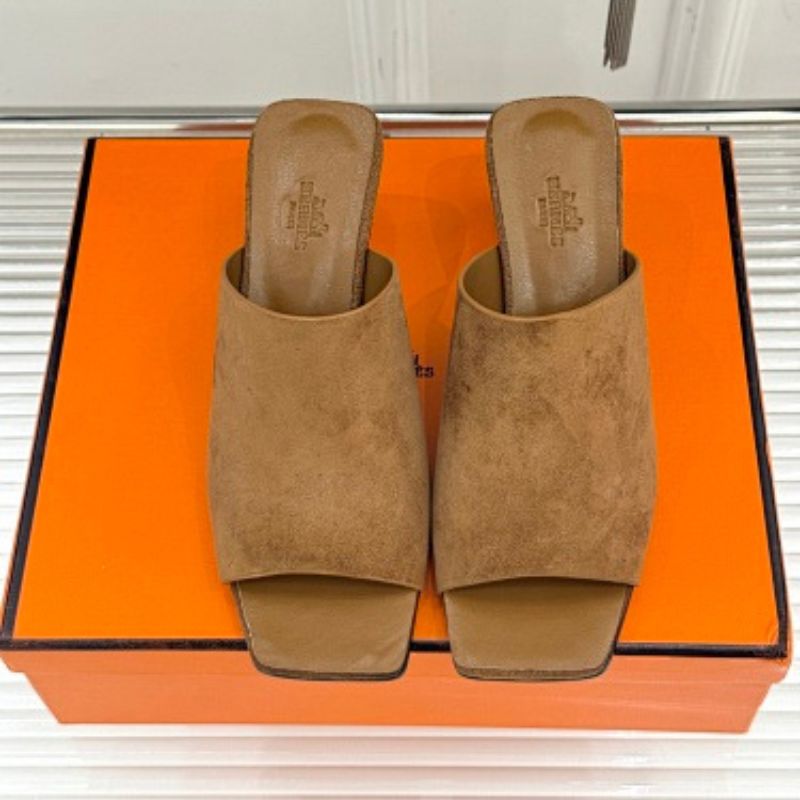 Hermès Kylie Mules in naturel (tan/beige) suede calfskin,