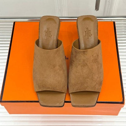 Hermès Kylie Mules in naturel (tan/beige) suede calfskin,