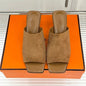Hermès Kylie Mules in naturel (tan/beige) suede calfskin,
