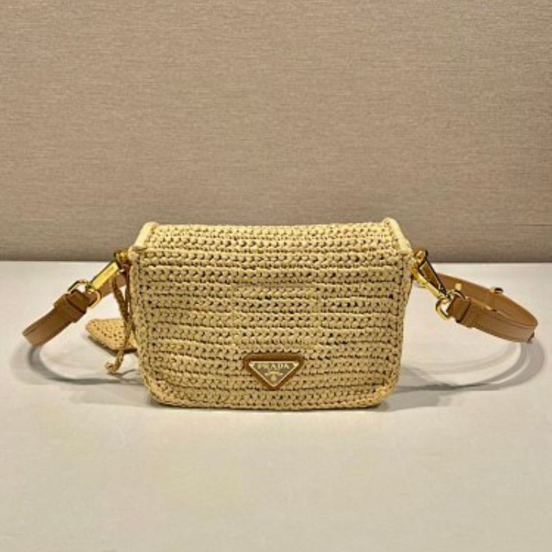 Prada Crochet Mini Shoulder Bag in natural beige.