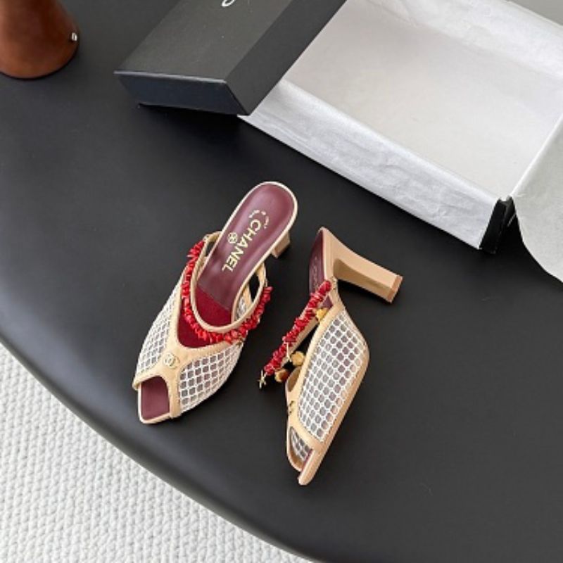 Chanel Coral Charm Mesh Open-Toe Mules in beige and burgundy.