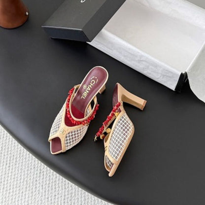 Chanel Coral Charm Mesh Open-Toe Mules in beige and burgundy.