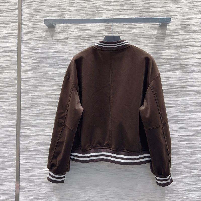 Prada varsity-style bomber jacket in a brown color.