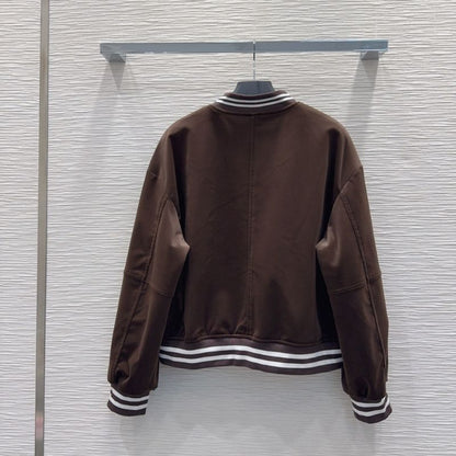 Prada varsity-style bomber jacket in a brown color.