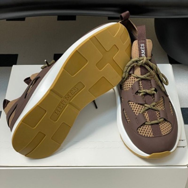 Hermès Katana Sneakers in brown calfskin and knit mesh