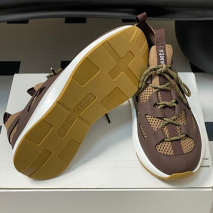 Hermès Katana Sneakers in brown calfskin and knit mesh