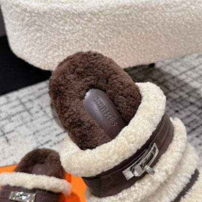 Hermès  multi-tonal design with dark brown fur slippers