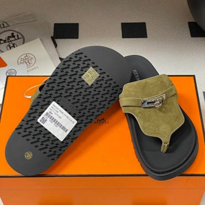 Hermès Empire Sandals in olive green suede.
