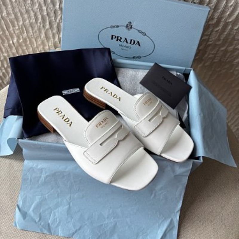Prada Soft Leather Chocolate Slide Sandals in white