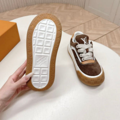 Louis Vuitton LV Skate Sneaker in the chocolate brown and gum colorway.