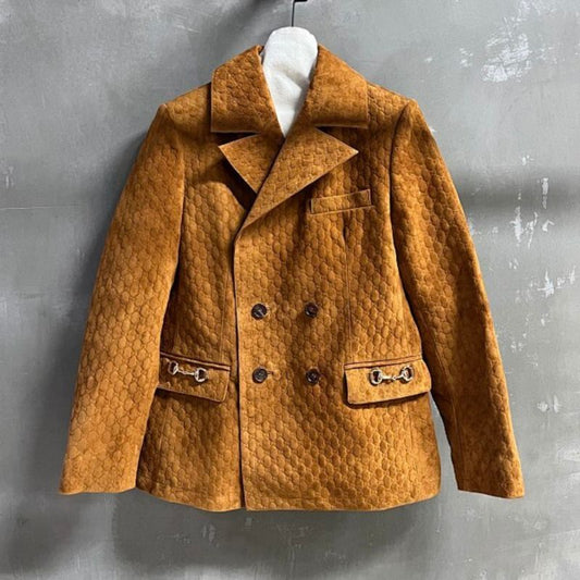 Gucci Double-breasted Horsebit-detailed Debossed Suede Blazer in a brown,