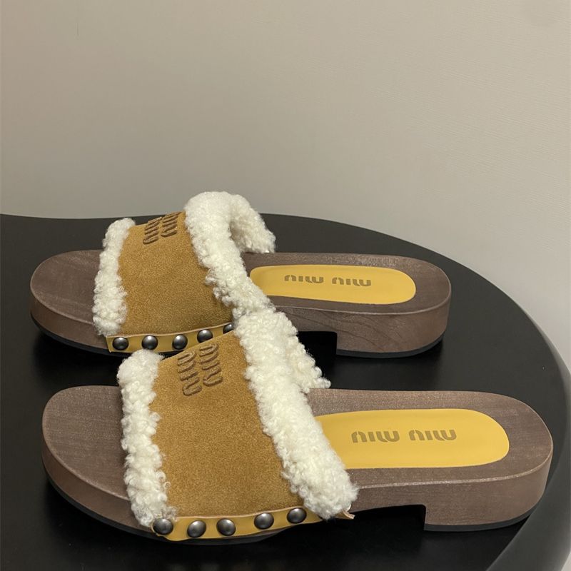 Miu Miu cocoa brown suede Shearling Mules