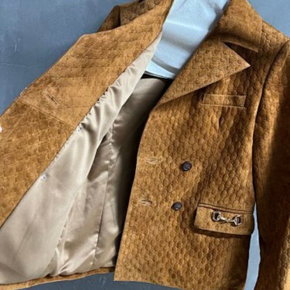 Gucci Double-breasted Horsebit-detailed Debossed Suede Blazer in a brown,