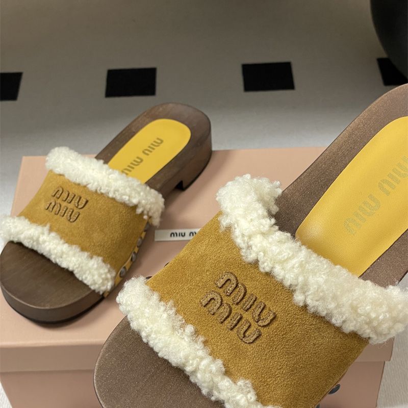 Miu Miu cocoa brown suede Shearling Mules