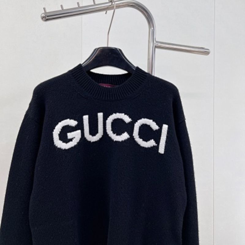 Gucci Logo Intarsia Knit Wool Sweater in black
