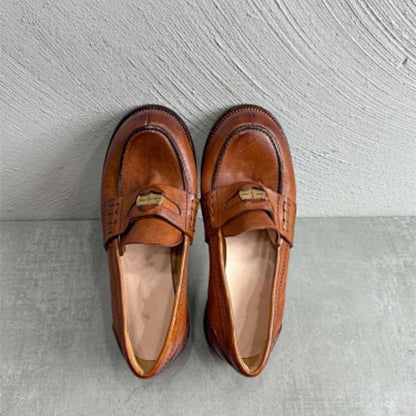 Miu miu brown leather loafers with gold-tone hardware detail,