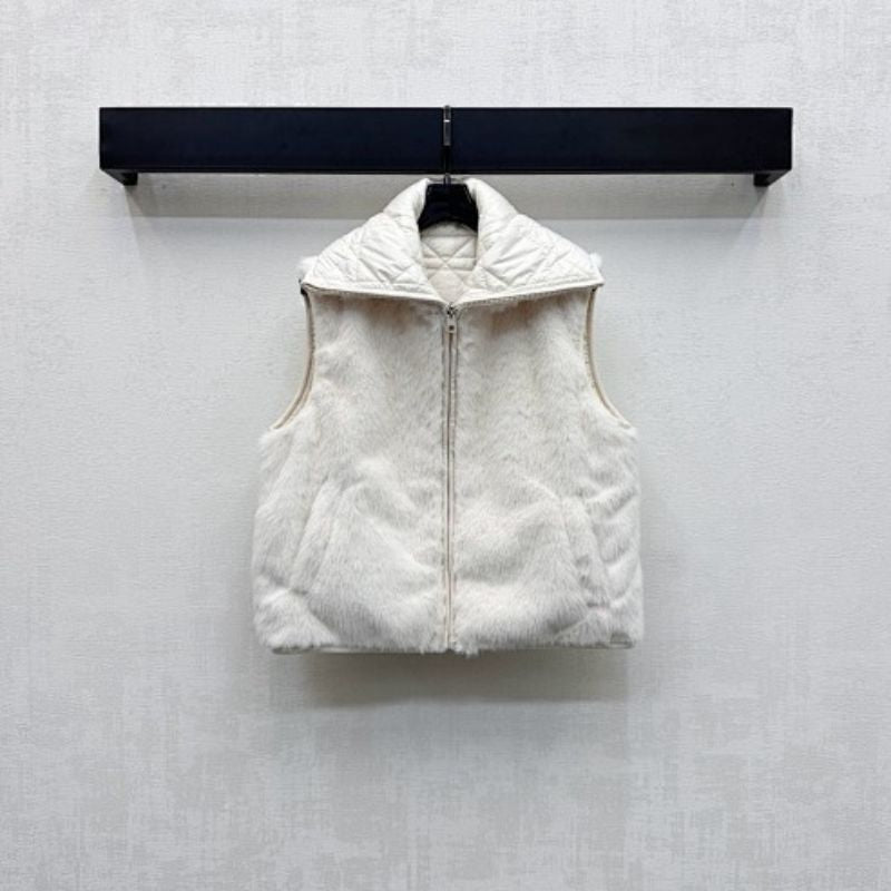 Christian Dior white faux fur zip-up vest with a high, quilted collar