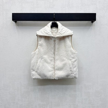 Christian Dior white faux fur zip-up vest with a high, quilted collar