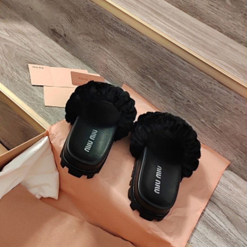 Miu Miu Matelassé Shearling Slide Sandals in black