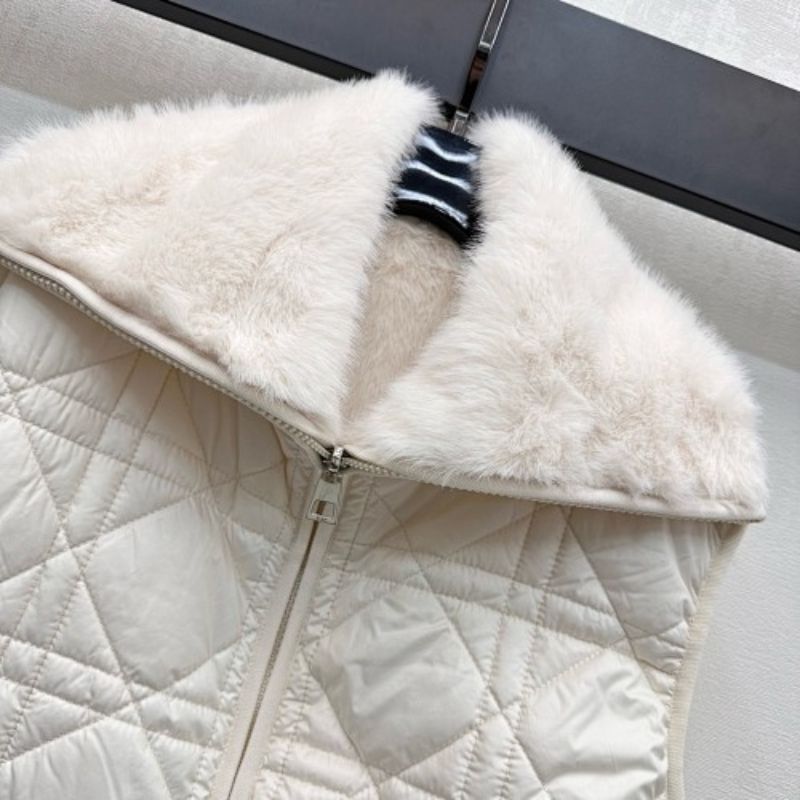 Christian Dior white faux fur zip-up vest with a high, quilted collar