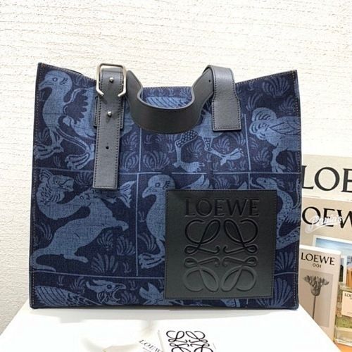 Loewe Buckle Handle Tote Printed Denim with Leather Medium,