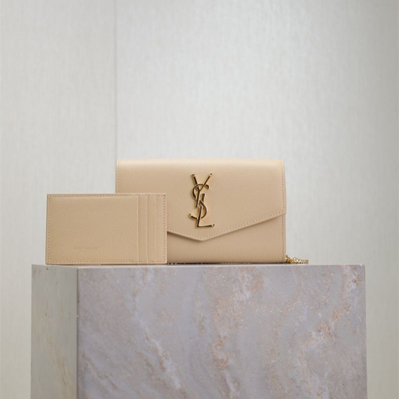 Saint Laurent Uptown Chain Wallet in Grain de Poudre Embossed Leather