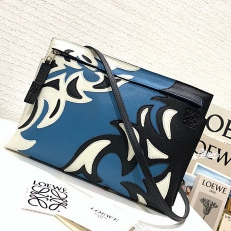 Loewe T Pouch clutch bag in a unique blue, black, and white leather