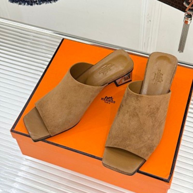Hermès Kylie Mules in naturel (tan/beige) suede calfskin,