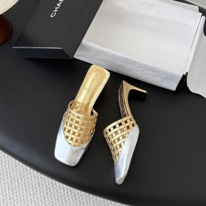 Chanel Metallic Woven Toe-Cap Mules.