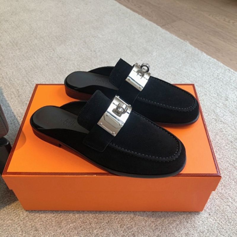 Hermès Oz Mules in noir (black) suede calfskin