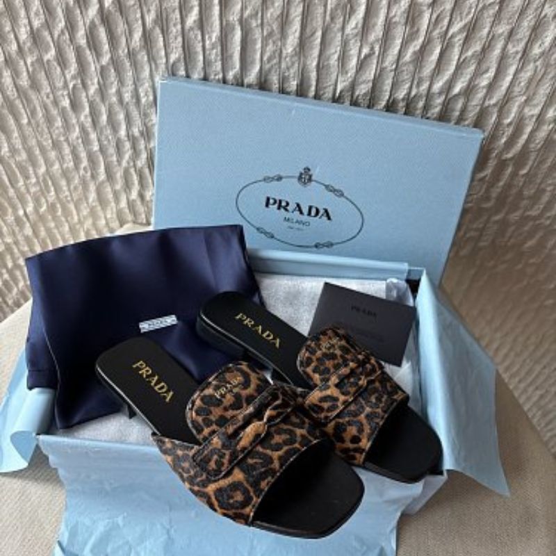 Prada Leopard-Print Calf Hair Chocolate Slide Sandals.